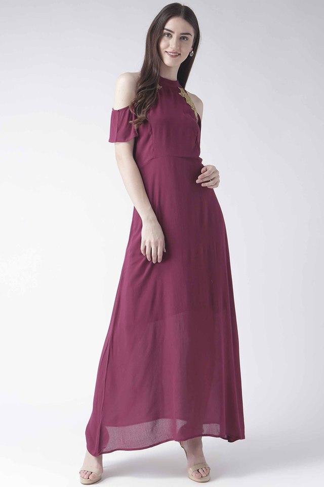 high neck maroon dress