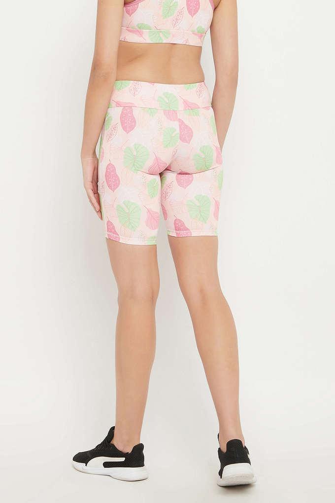 Buy CLOVIA Pink Snug-Fit Active Leaf Print High Rise Cycling