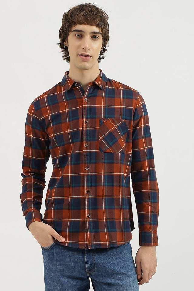 Buy UCB Orange Checks Cotton Regular Fit Men s Casual Wear Shirt Shoppers Stop