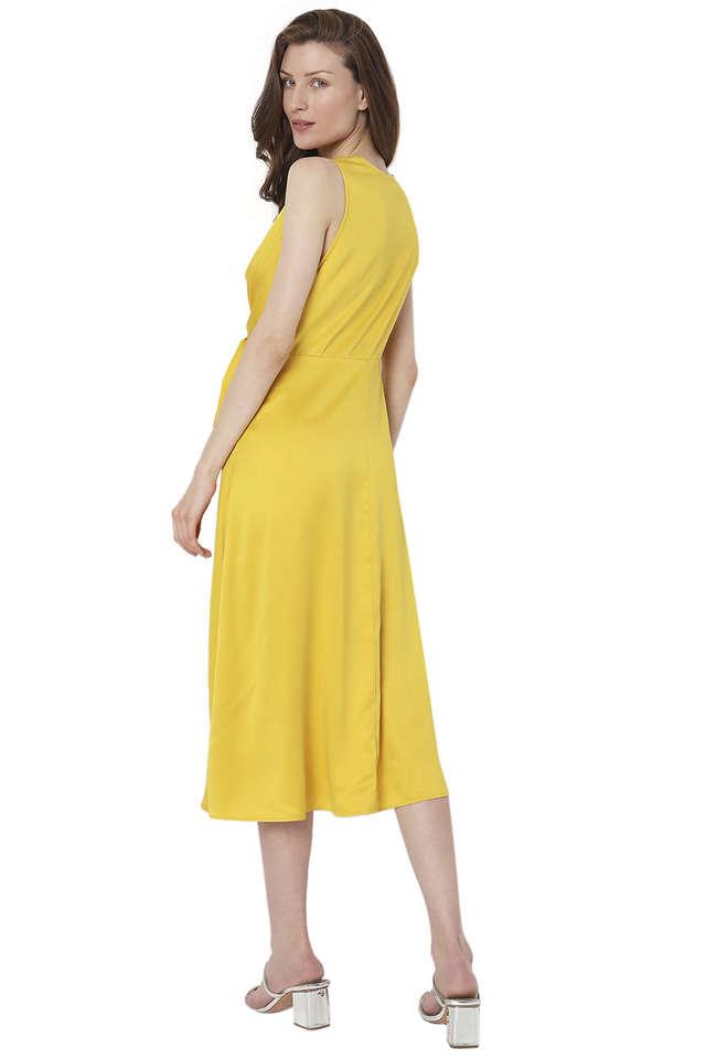 Buy VERO MODA Yellow Solid V Neck Polyester Women s Midi Dress Shoppers Stop