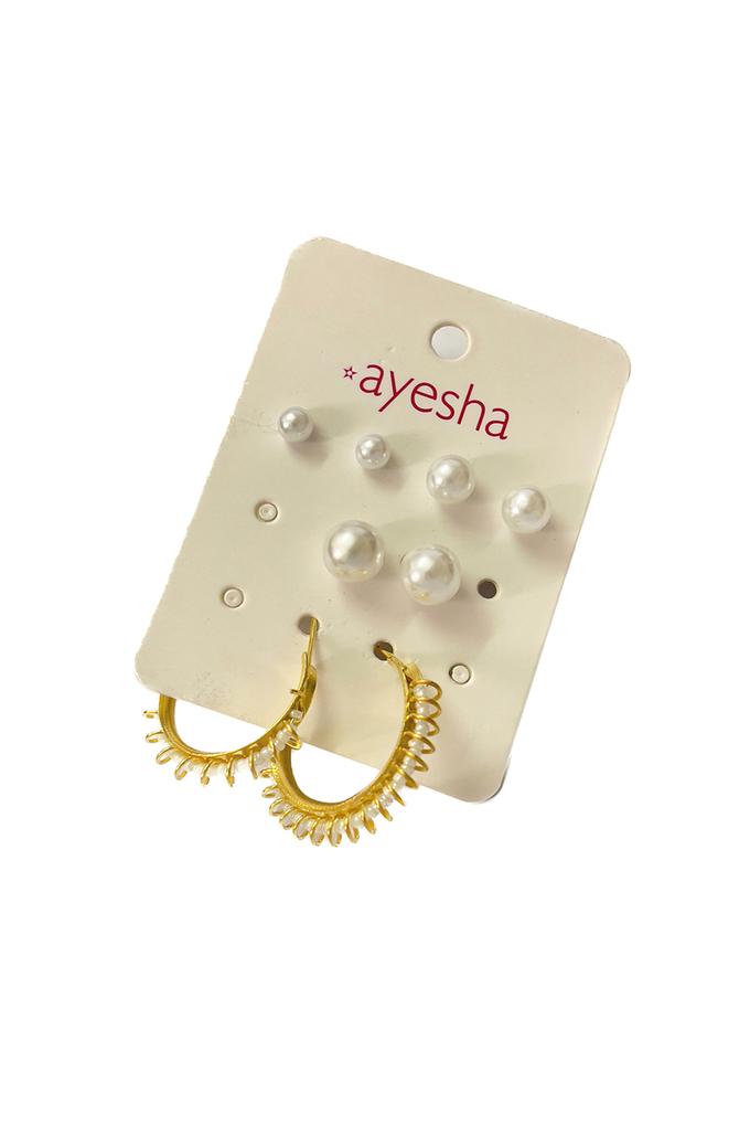 Buy AYESHA Set of 4 White Pearl Studs In Different Sizes & Gold-Toned Wire  Wrapped Hoop Earrings