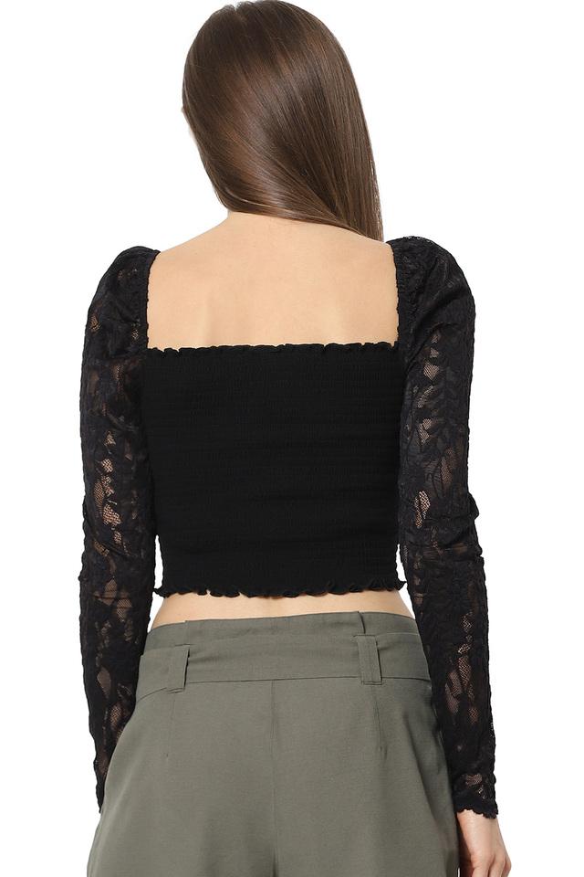 Womens Square Neck Solid Lace Crop Top