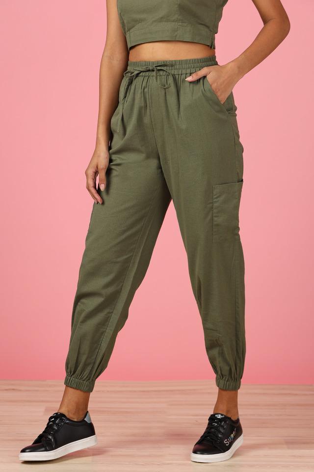 Buy INFUSE Olive Solid Regular Fit Cotton Blend Women's Casual Pants