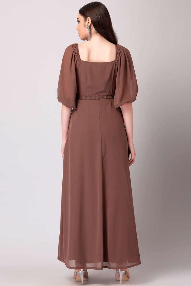 Buy FABALLEY Brown Embellished Square Neck Georgette Women s Maxi