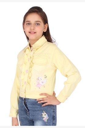 Buy CUTECUMBER Yellow Embellished Denim Collared Neck Girls Jacket