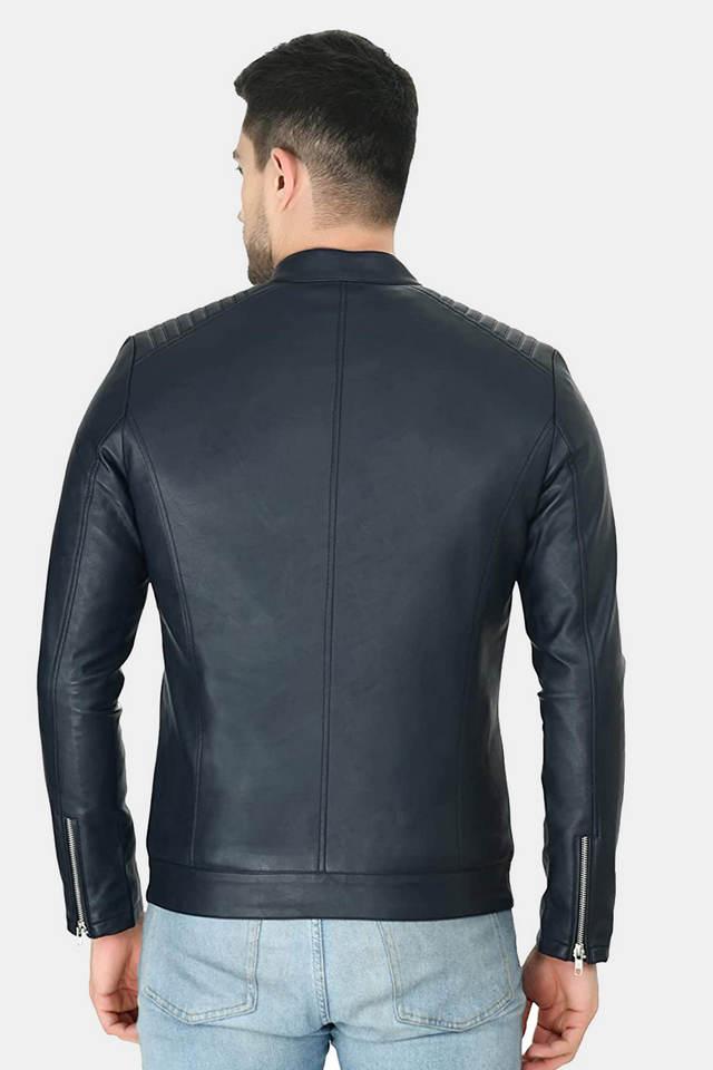Buy TBOJ Blue Solid Collared Leather Men s Winter Wear Jacket Shoppers Stop