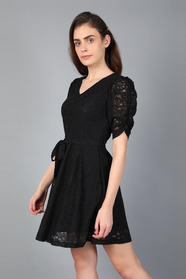 Buy COVER STORY Black Womens Solid Short Sleeve Knee Length Dress Shoppers Stop