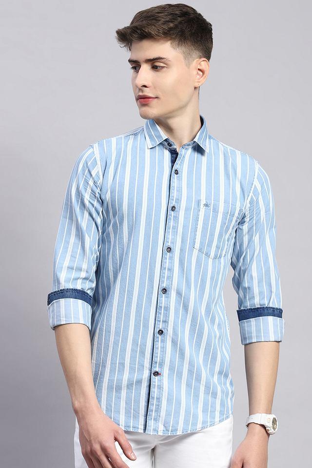 Buy MONTE CARLO Blue Stripes Cotton Slim Fit Men s Casual Wear Shirt Shoppers Stop