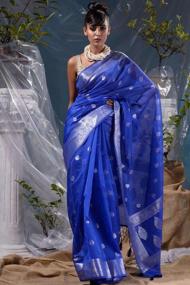 Blue Colour Silver Silk Saree with Contrast Blouse