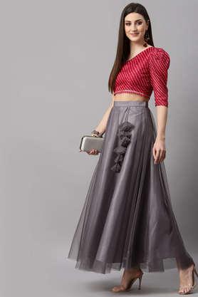 Women Solid Net Flared Maxi Lehenga Skirt With Top