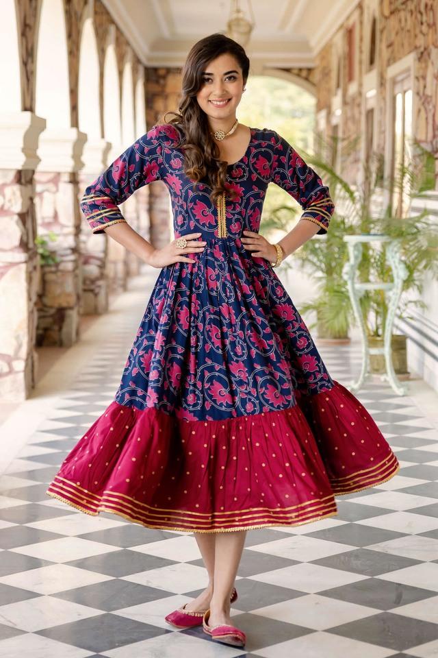 Buy Scakhi Blue Georgette Leheriya Flared Ethnic Dress online