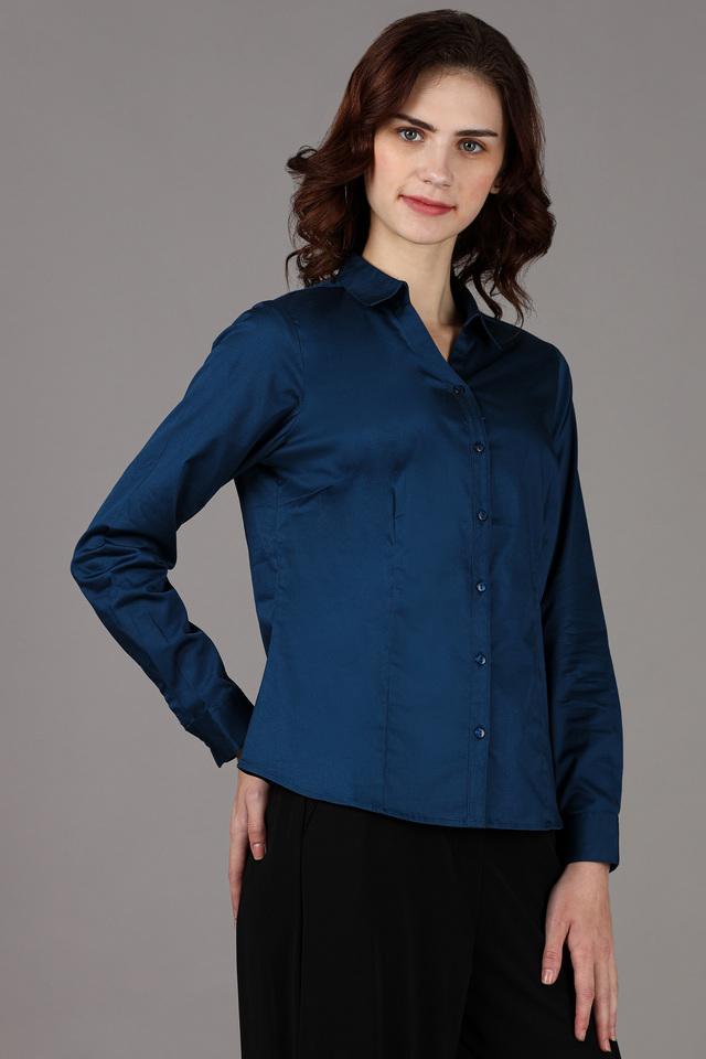 Buy STOP Ocean Solid Collar Neck Cotton Blend Womens Formal Wear Shirt