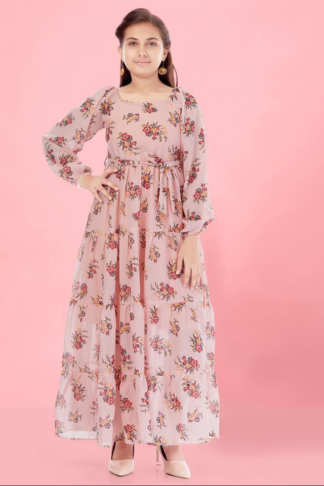 Buy AARIKA Peach Floral Georgette Square Neck Girls Party Wear Dress Shoppers Stop