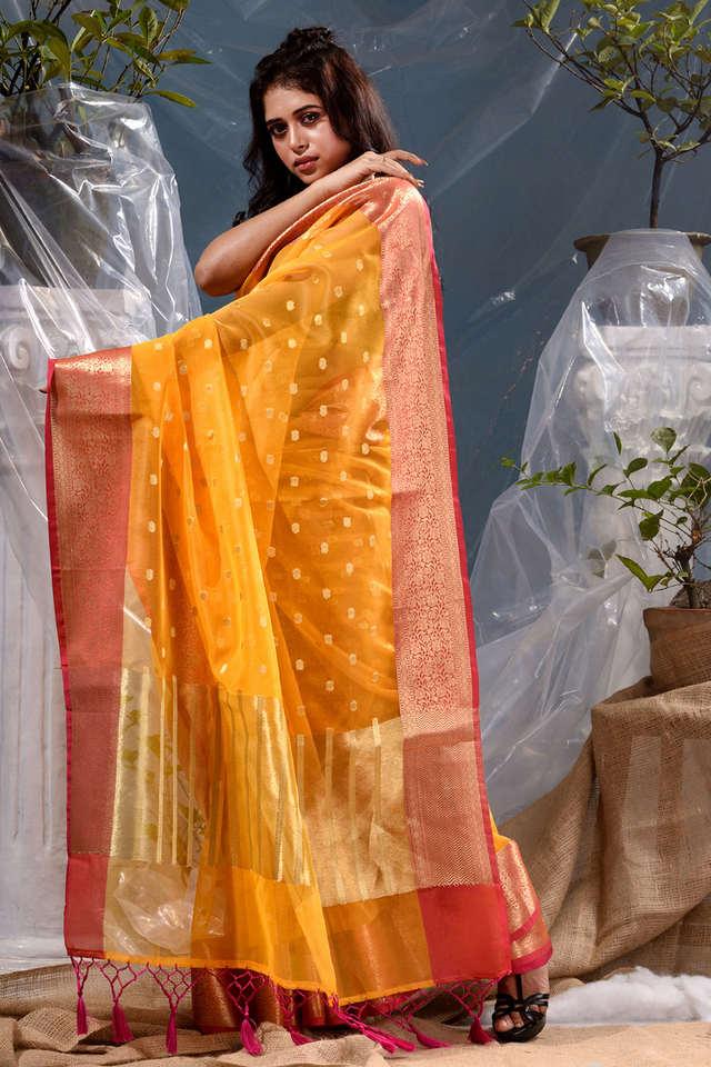 Yellow with Pink Pure Silk Saree