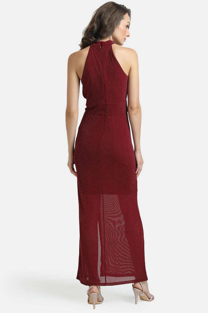 Buy KAZO Maroon Solid Halter Neck Mesh Women's Maxi Dress