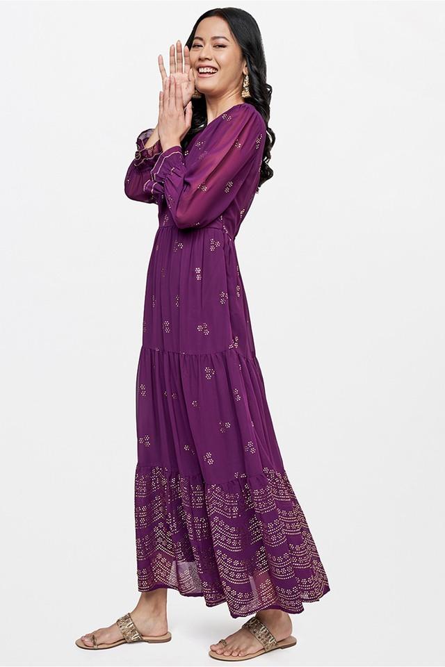 Buy GLOBAL DESI Purple Embroidered Polyester V Neck Women's Gown