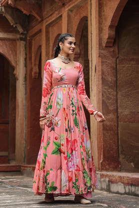 Buy SCAKHI Pink Printed Full Length Crepe Woven Women's Gathered Gown With  Belt