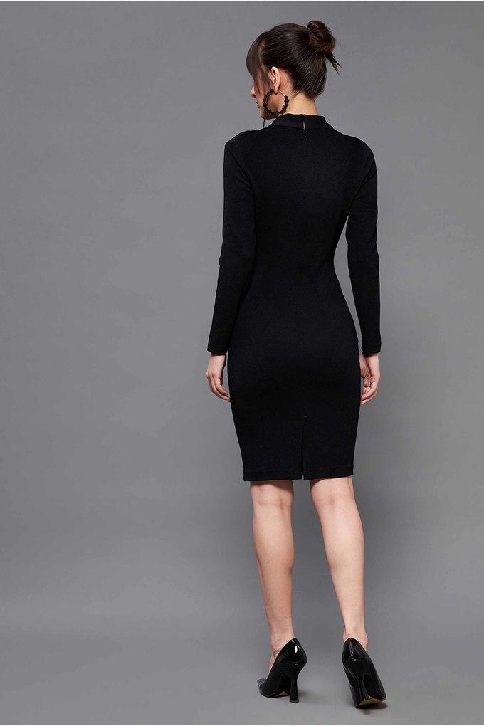 Buy MISS CHASE Black Solid Polyester Collar Neck Womens Knee Length Dress