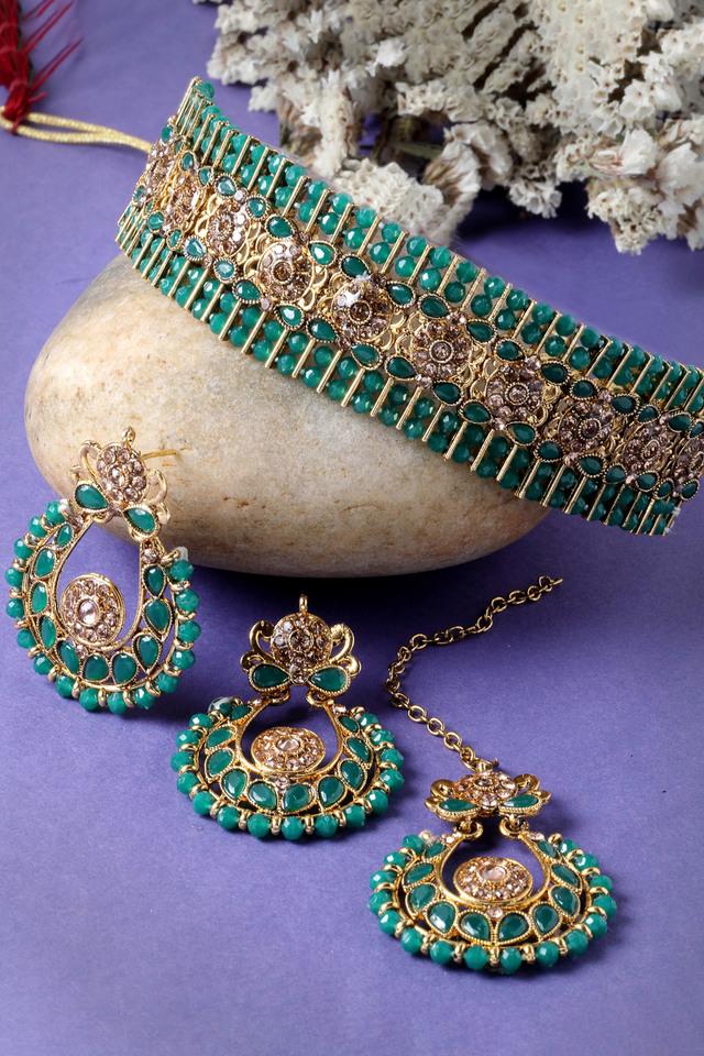 Buy SUKKHI Indian Ethnic Gold Plated Green Kundan Beads Choker Necklace Set With Earring And Maangtika Shoppers Stop