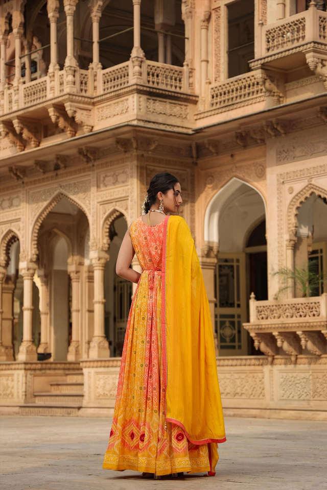 Yashi Round Neck Full Sleeves Yellow Anarkali Suit Set for Women Online