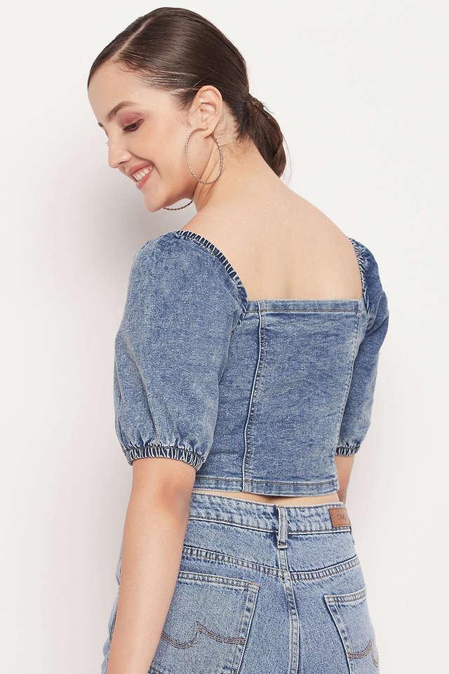 MAX Solid Sleeveless Denim Crop Top