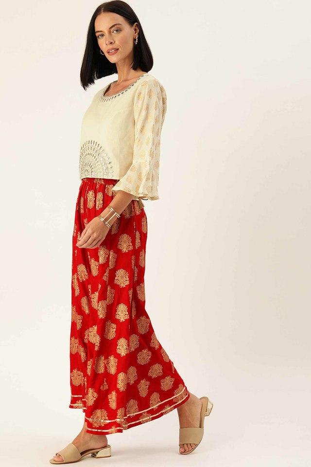 Buy Off-White Flared Palazzo And Crop Top In Resham Embroidery