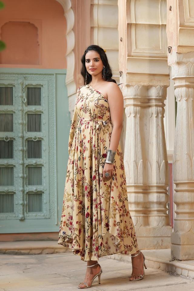 Floral Embroidered Fit & Flare Maxi Ethnic Dresses With Dupatta