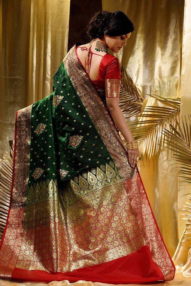 1-MIN READY TO WEAR Forest Green Satin Silk Saree With Handmade Tassel –  oursaree9