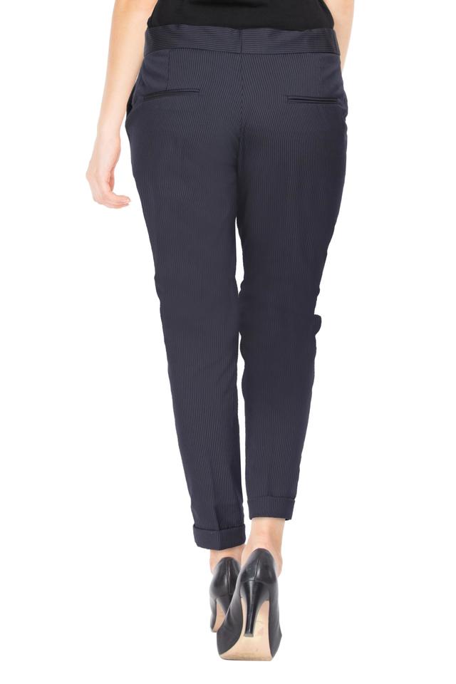 Buy Women Navy Blue  White Regular Fit Striped Formal Trousers online   Looksgudin