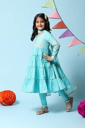 Solid Poly Cotton Flared Fit Girls Kurta Churidar Dupatta Set