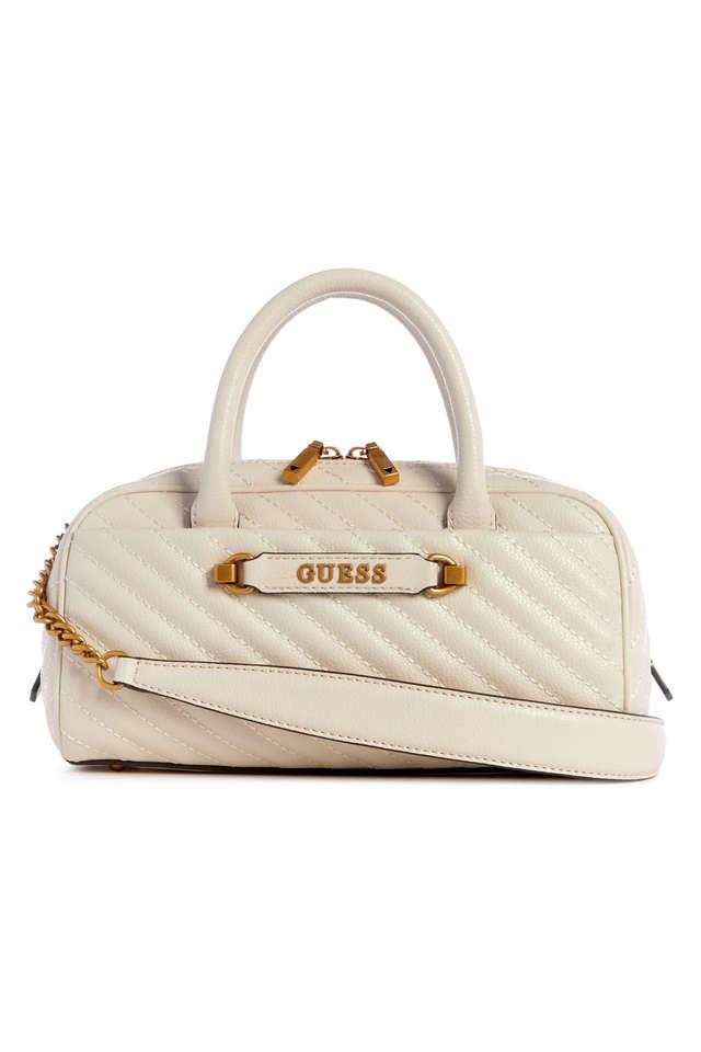 Buy GUESS Bone White Sela Box Solid PU Zipper Closure Women s Satchel Bag Shoppers Stop