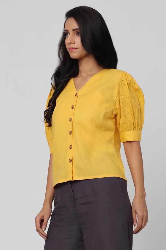 Yellow v neck crop sales top