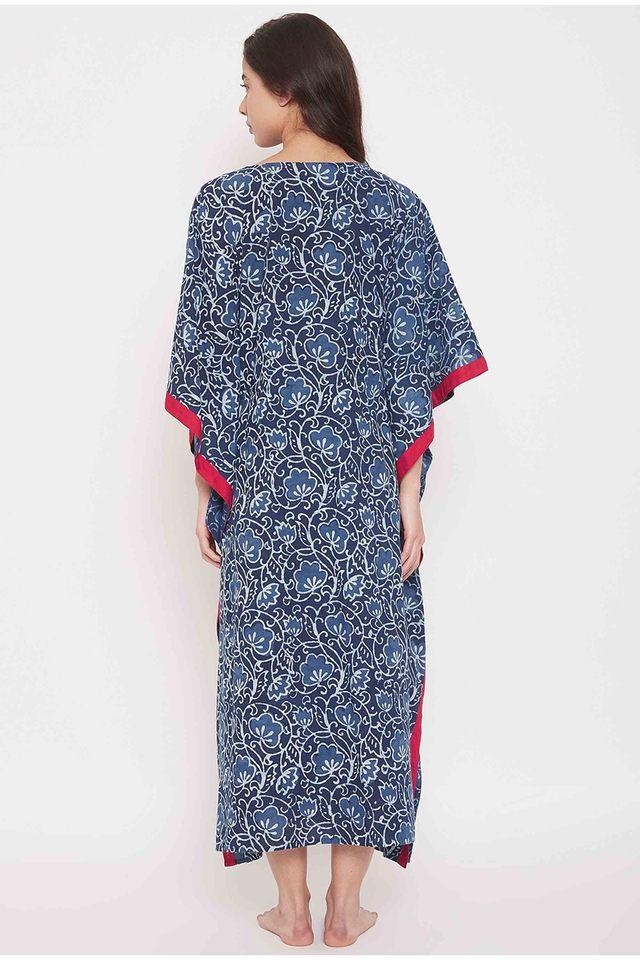 Buy KAFTAN COMPANY Blue Cotton 3/4th Sleeves Maxi Night Dress