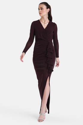 Buy KAZO Purple Structured V Neck Spandex Women's Maxi Dress