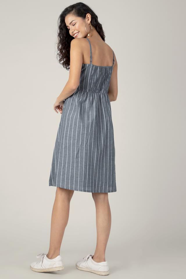 Buy FABALLEY Grey Stripes Cotton Square Neck Womens Midi Dress