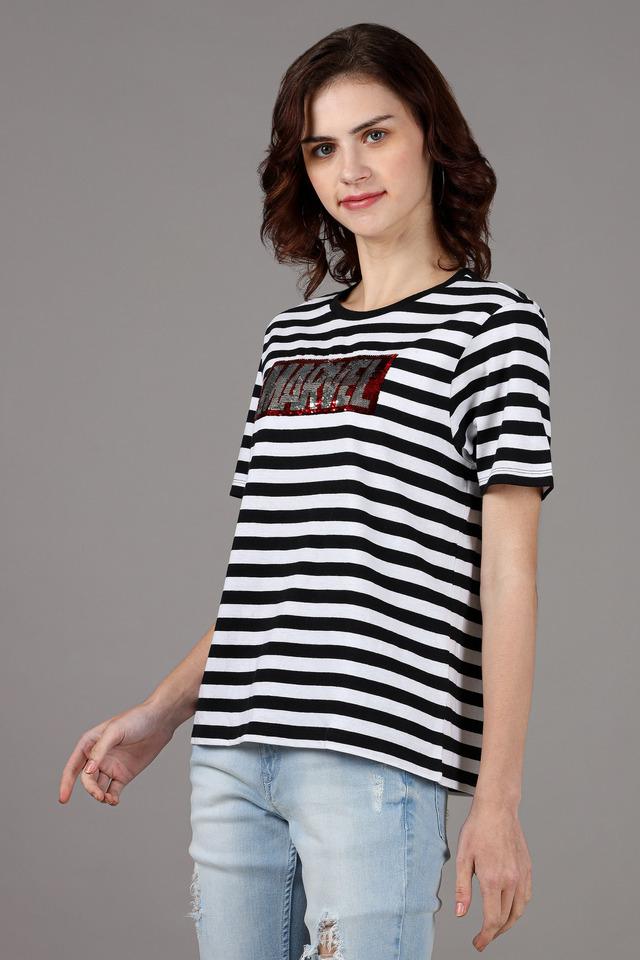 Buy LIFE Black Mix Striped Cotton Round Neck Women's T-Shirt