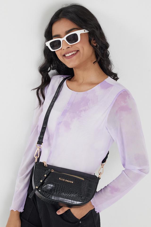 Buy ELLIZA DONATEIN Black Croco Shiny PU Magnetic Closure Women s Casual Sling Bag Shoppers Stop