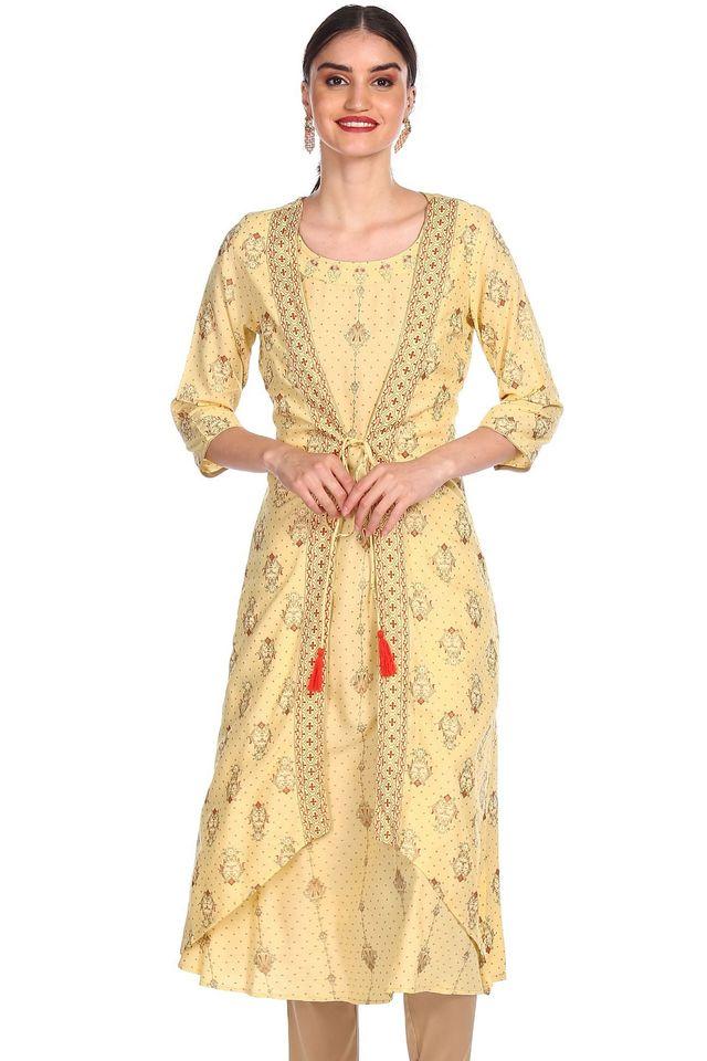 Buy ANAHI Yellow Printed Rayon Scoop Neck Women s Kurta Shoppers Stop