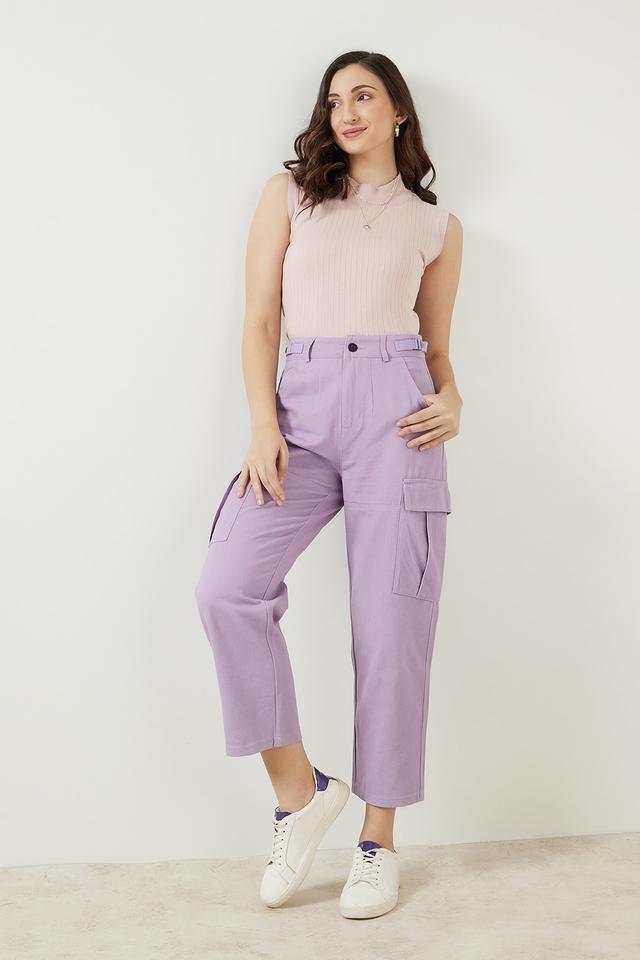 Buy LIFE Lilac Solid Cotton Blend Relaxed Fit Women's Pants