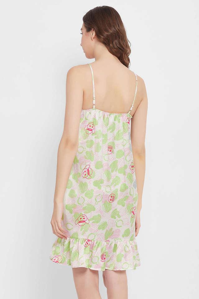 Cactus Emoji Print Short Night Dress in White Satin