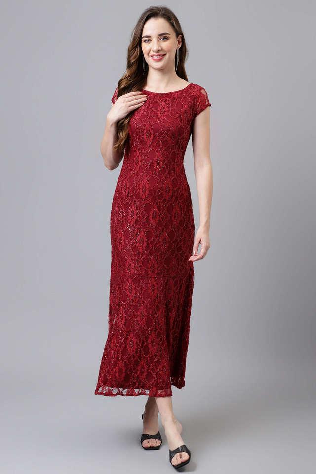 Buy LATIN QUARTERS Wine Solid Boat Neck Nylon Women s Dress Shoppers Stop