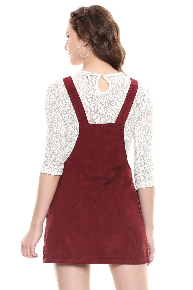 Buy LOVEGEN Maroon Womens Square Neck Solid Dungaree Dress