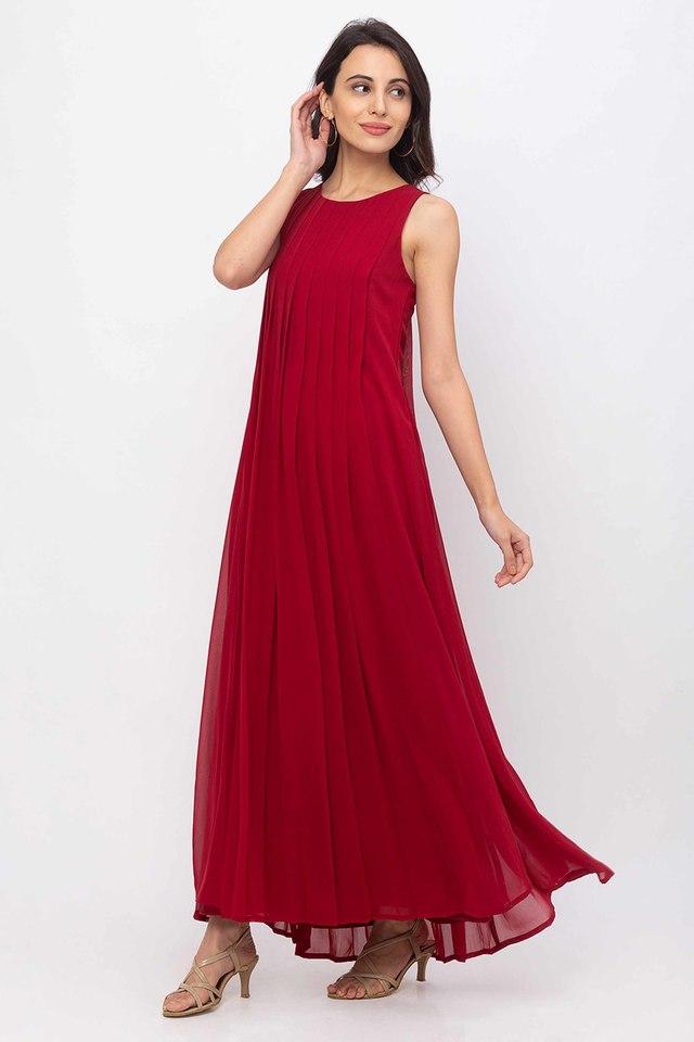 Buy ITI Maroon Womens Solid Sleeveless Boat Neck Fit and Flare Maxi Dress Shoppers Stop