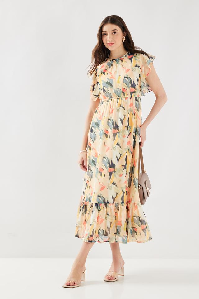 Buy FRATINI Natural Abstract Chiffon Round Neck Women s Maxi Dress Shoppers Stop