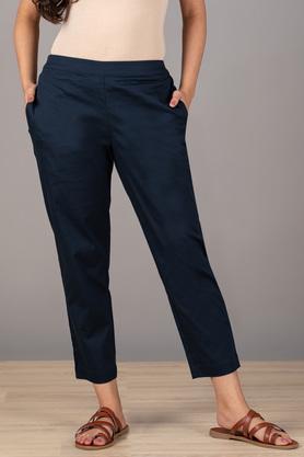 Navy Blue Solid Straight Pants