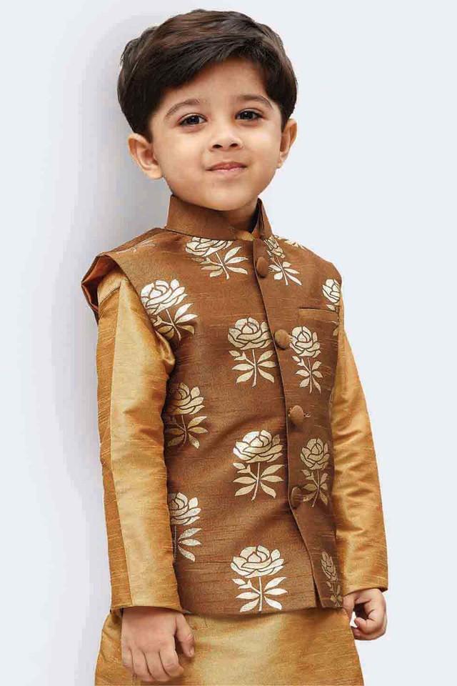 Digital Printed Art Silk Nehru Jacket in Brown : MTZ170