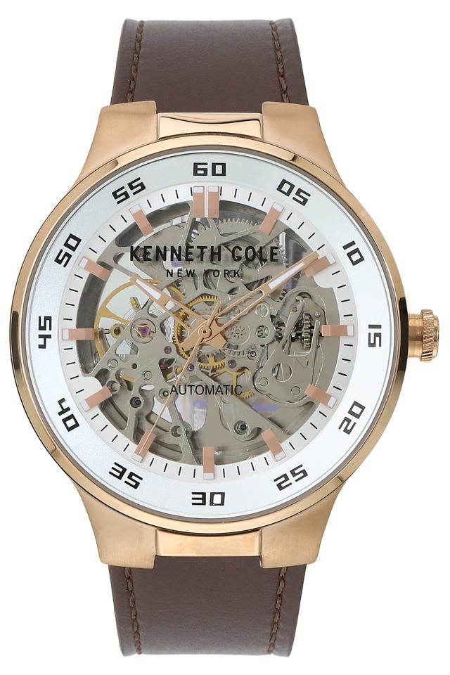 Mens New York Beige Dial Leather Automatic Watch - KC50710004MN