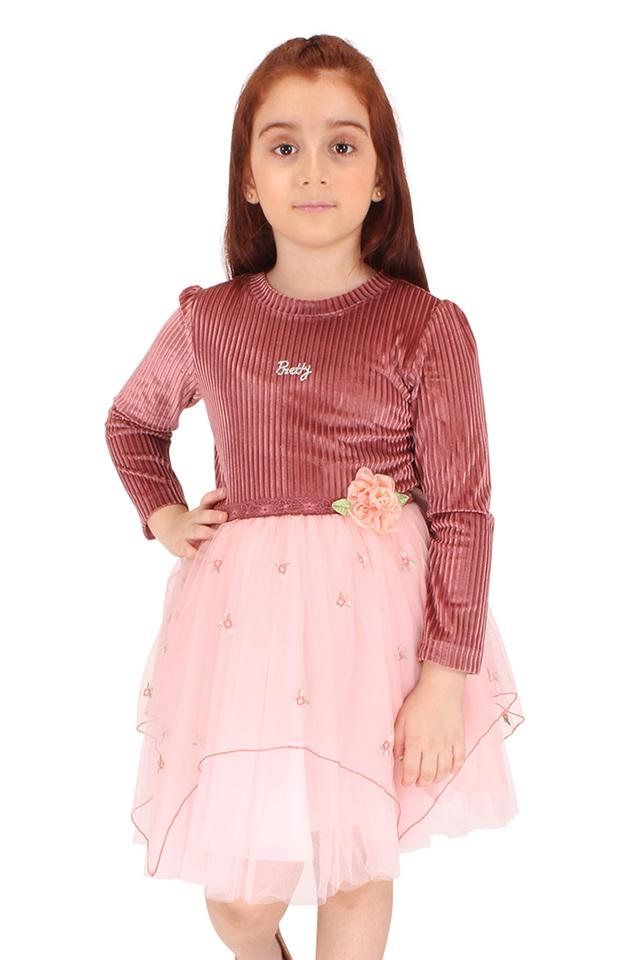 Buy CUTECUMBER Peach Embellished Polyester Round Neck Girls Party Wear Dress Shoppers Stop