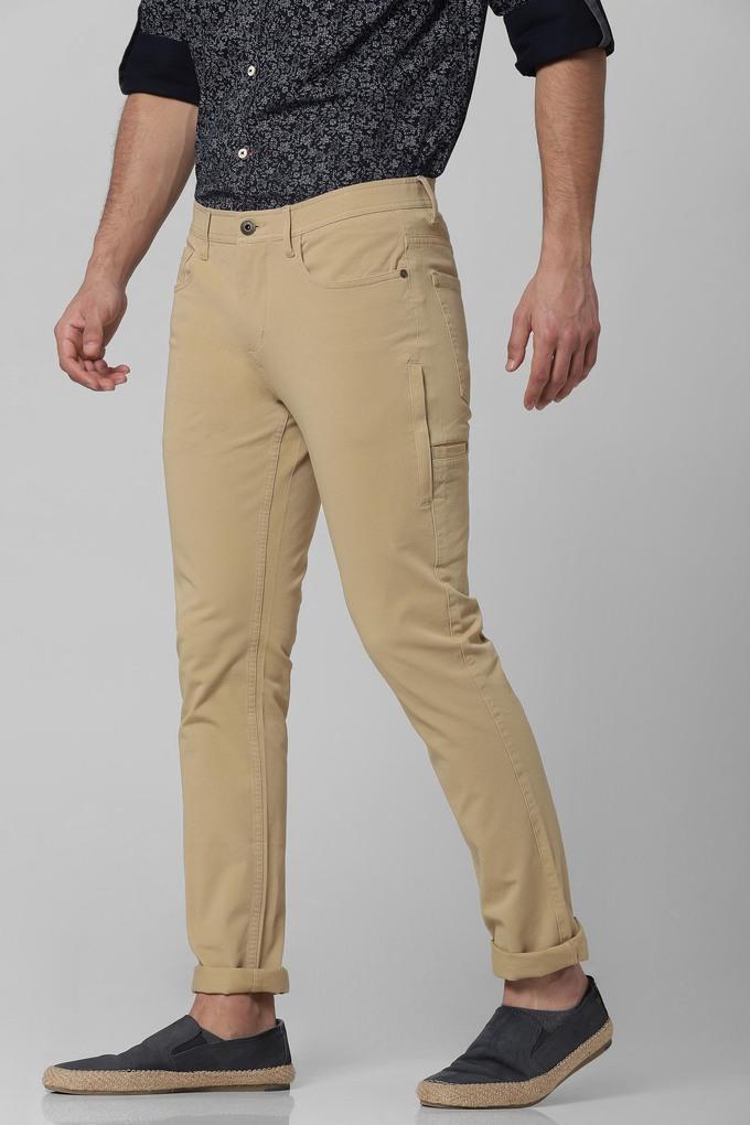 Buy LIFE Khaki Solid Cotton Stretch Slim Fit Men's Trousers