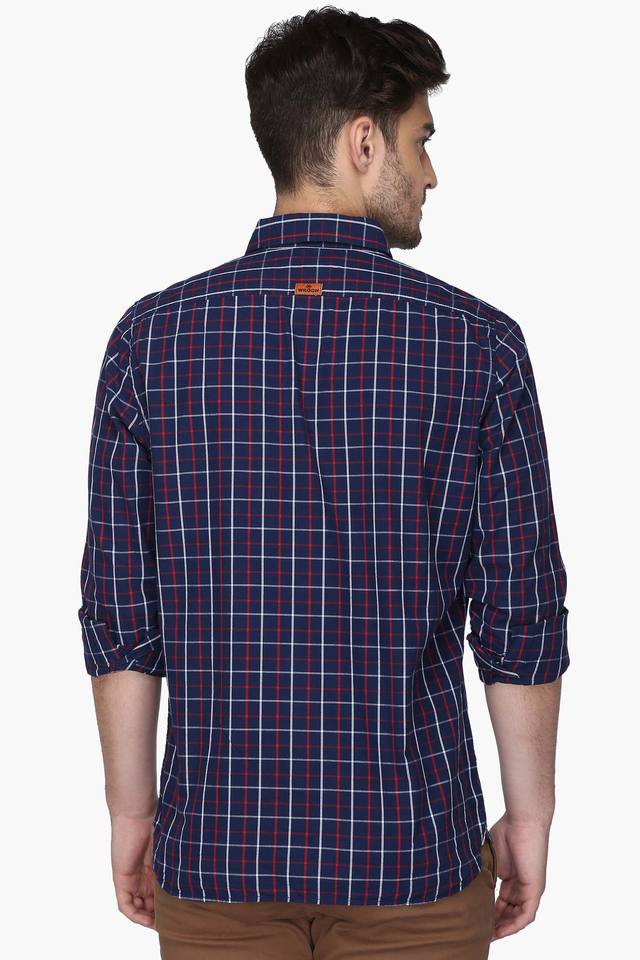 Wrogn navy blue slim best sale fit checked casual shirt